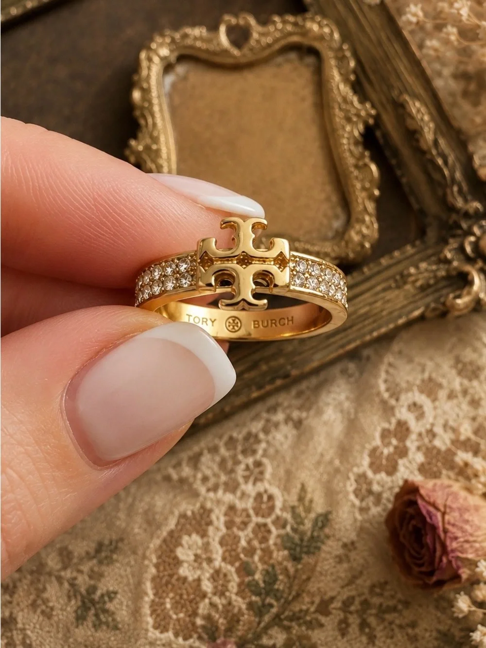 TORY BURCH • Gold Double T Crystal Logo Ring Includes Tory Burch Jewelry Bag